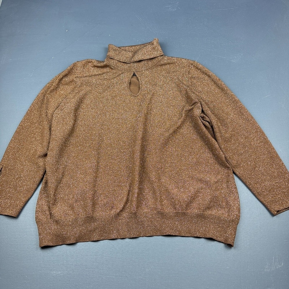 Lane Bryant Women's Large Brown Metallic Knit Mock Neck Keyhole Sparkle Top Cozy